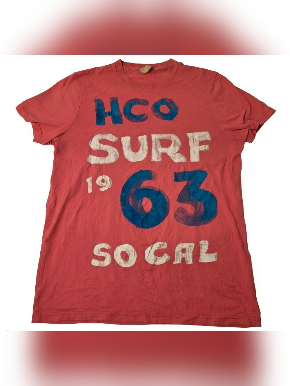 Distressed Y2k Hollister Coral Graphic '63 Surf Tee with Blue & White Print